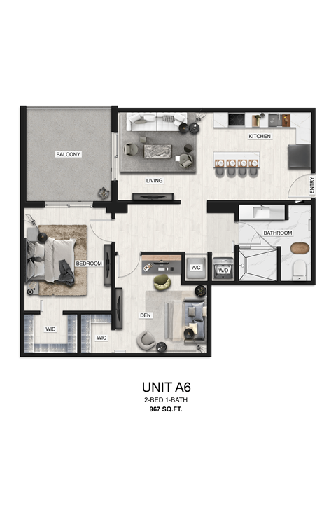 Floor plan for 1 bed, 1 bath, 967 sqft